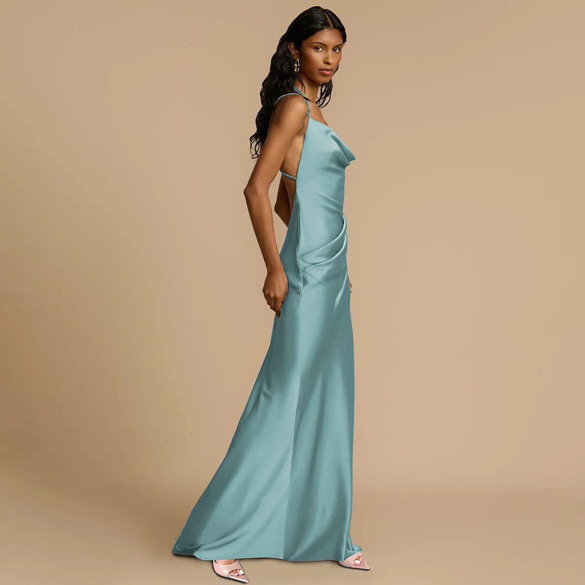Elegant Satin Cowl Neck Strappy Slim Fit Maxi Dress for Timeless Evening Glamour