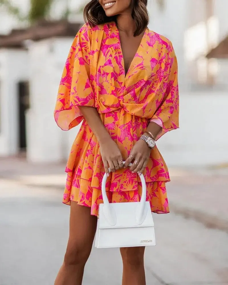 Elegant V-Neck Loose Batwing Sleeve Printed Chiffon Dress
