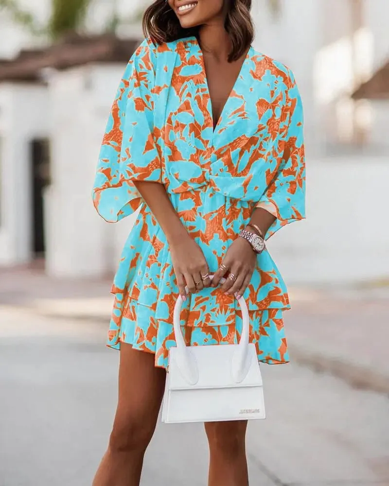 Elegant V-Neck Loose Batwing Sleeve Printed Chiffon Dress