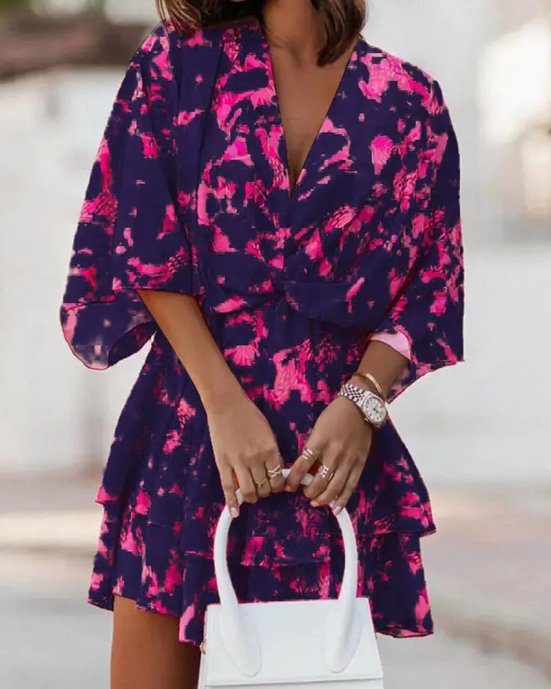 Elegant V-Neck Loose Batwing Sleeve Printed Chiffon Dress