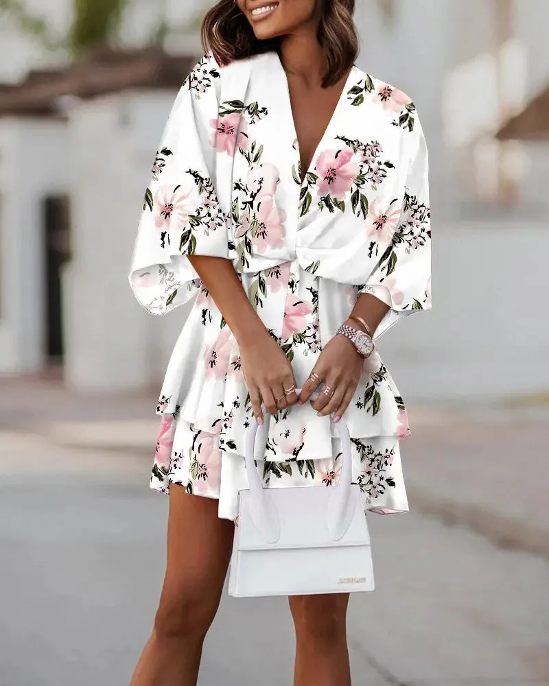 Elegant V-Neck Loose Batwing Sleeve Printed Chiffon Dress
