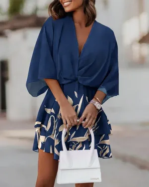 Elegant V-Neck Loose Batwing Sleeve Printed Chiffon Dress