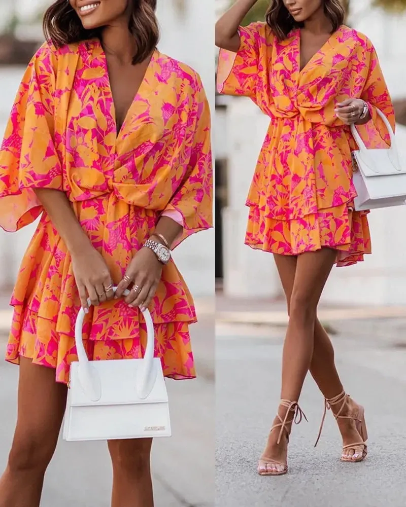 Elegant V-Neck Loose Batwing Sleeve Printed Chiffon Dress
