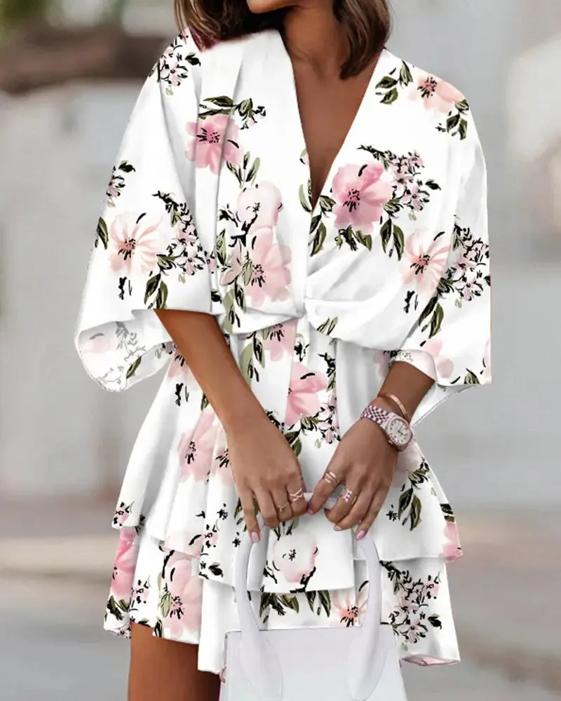 Elegant V-Neck Loose Batwing Sleeve Printed Chiffon Dress