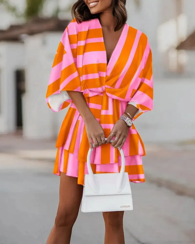 Elegant V-Neck Loose Batwing Sleeve Printed Chiffon Dress