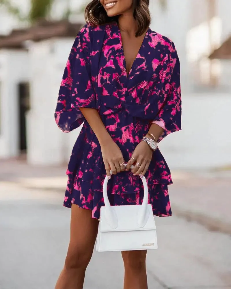 Elegant V-Neck Loose Batwing Sleeve Printed Chiffon Dress
