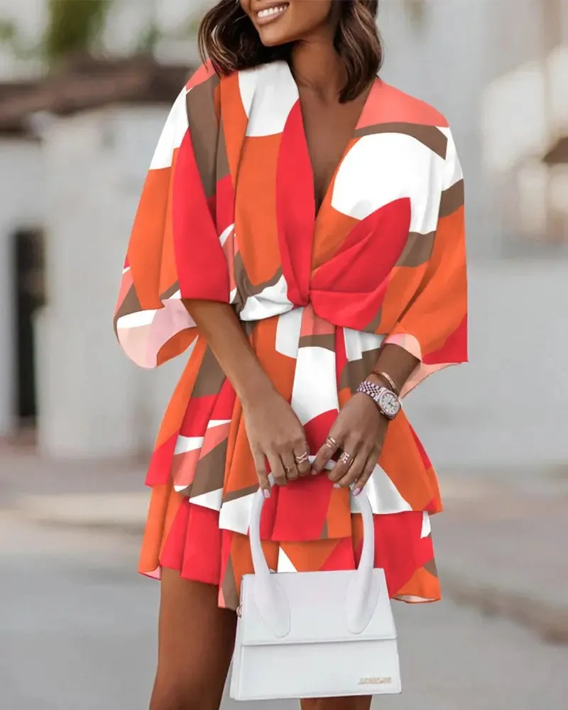 Elegant V-Neck Loose Batwing Sleeve Printed Chiffon Dress