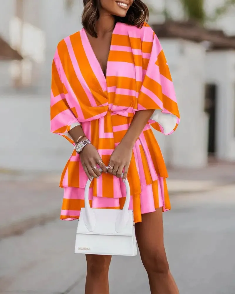 Elegant V-Neck Loose Batwing Sleeve Printed Chiffon Dress