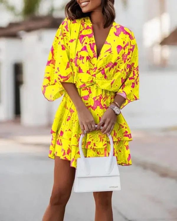 Elegant V-Neck Loose Batwing Sleeve Printed Chiffon Dress