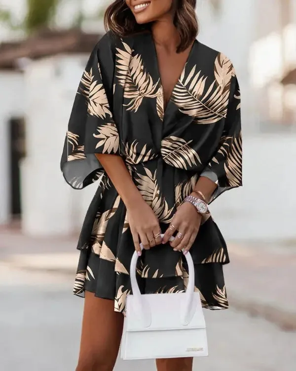 Elegant V-Neck Loose Batwing Sleeve Printed Chiffon Dress