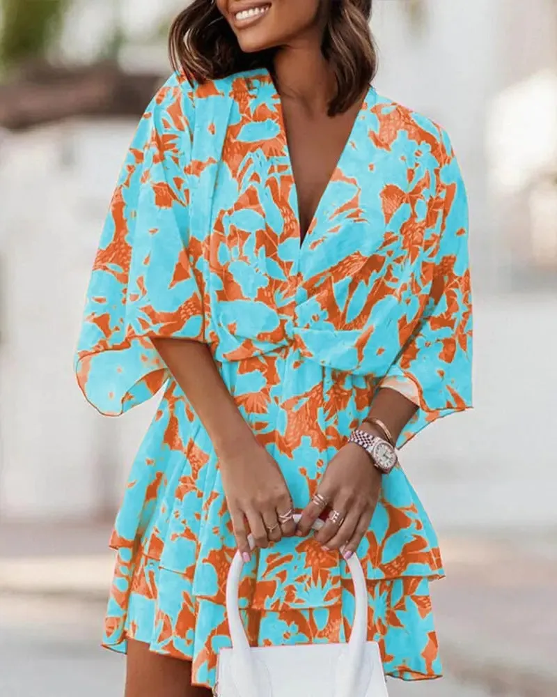 Elegant V-Neck Loose Batwing Sleeve Printed Chiffon Dress