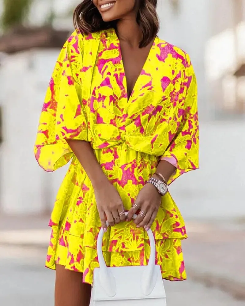 Elegant V-Neck Loose Batwing Sleeve Printed Chiffon Dress