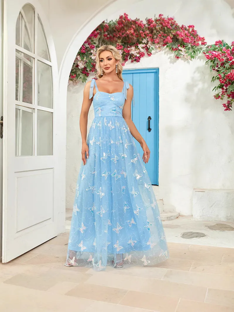 Ethereal Butterfly Embroidered Tie-Strap A-Line Party Gown