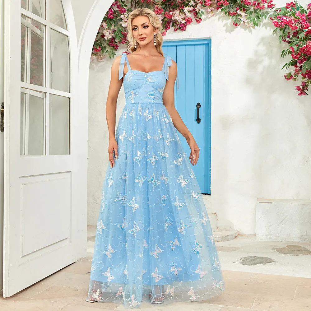 Ethereal Butterfly Embroidered Tie-Strap A-Line Party Gown