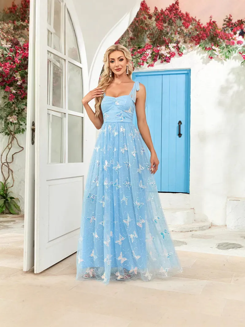 Ethereal Butterfly Embroidered Tie-Strap A-Line Party Gown