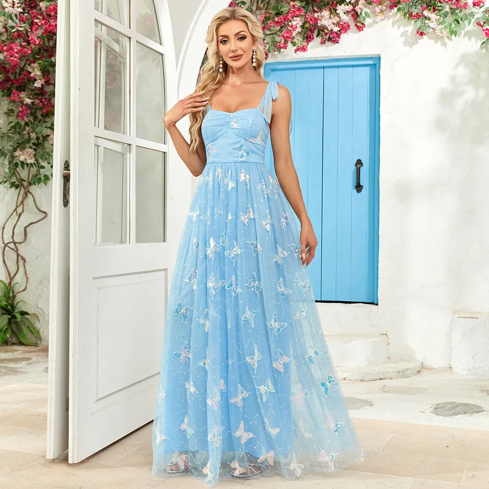 Ethereal Butterfly Embroidered Tie-Strap A-Line Party Gown