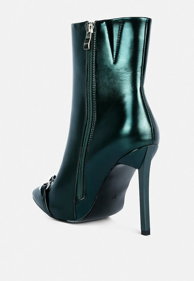 Firefly Metallic Chain Embellished Stiletto Ankle Boots By Ruw
