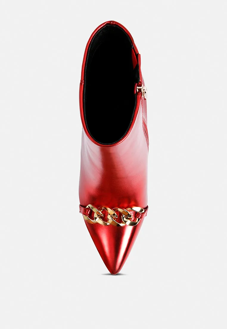 Firefly Metallic Chain Embellished Stiletto Ankle Boots By Ruw