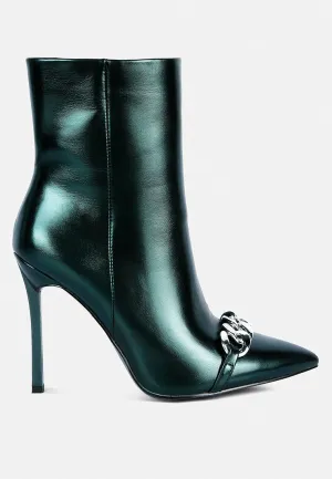 Firefly Metallic Chain Embellished Stiletto Ankle Boots By Ruw
