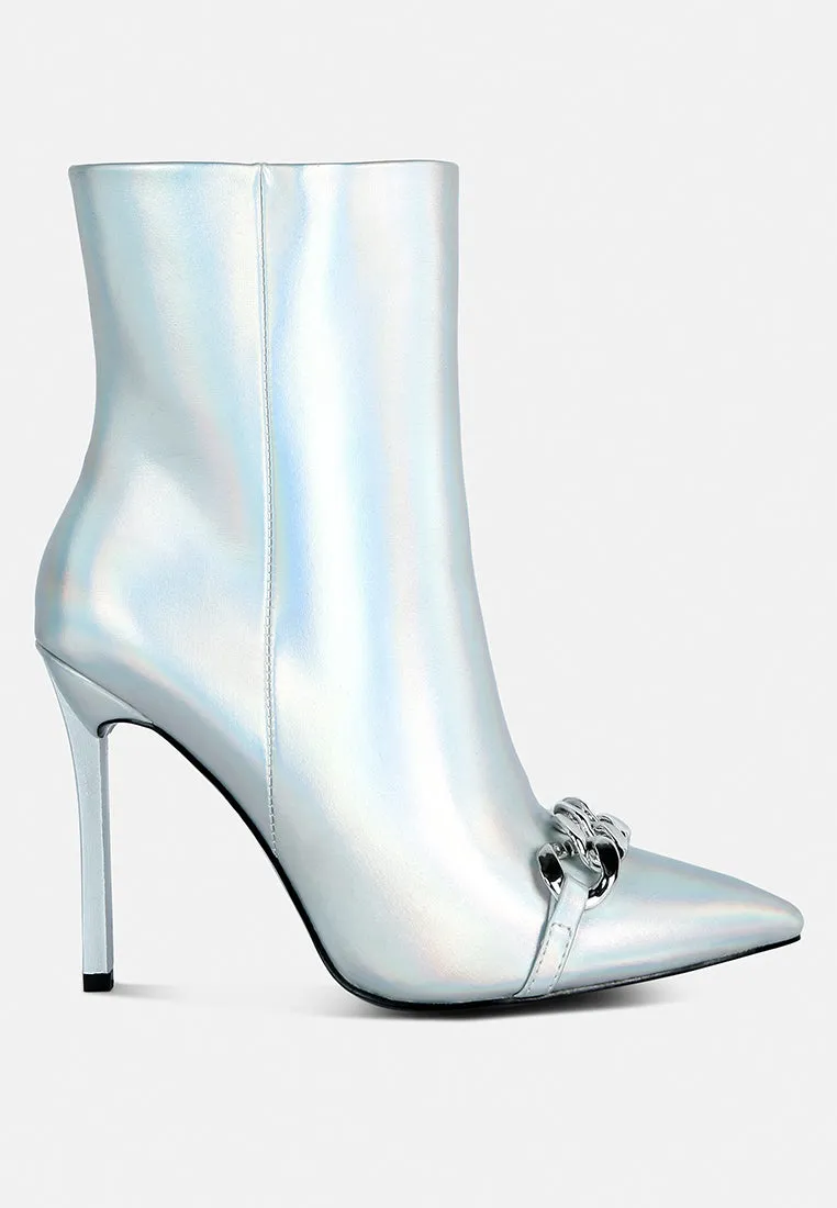 Firefly Metallic Chain Embellished Stiletto Ankle Boots By Ruw