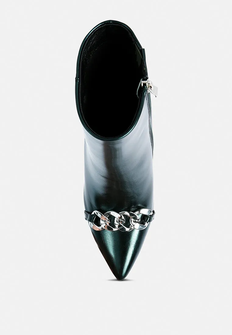 Firefly Metallic Chain Embellished Stiletto Ankle Boots By Ruw