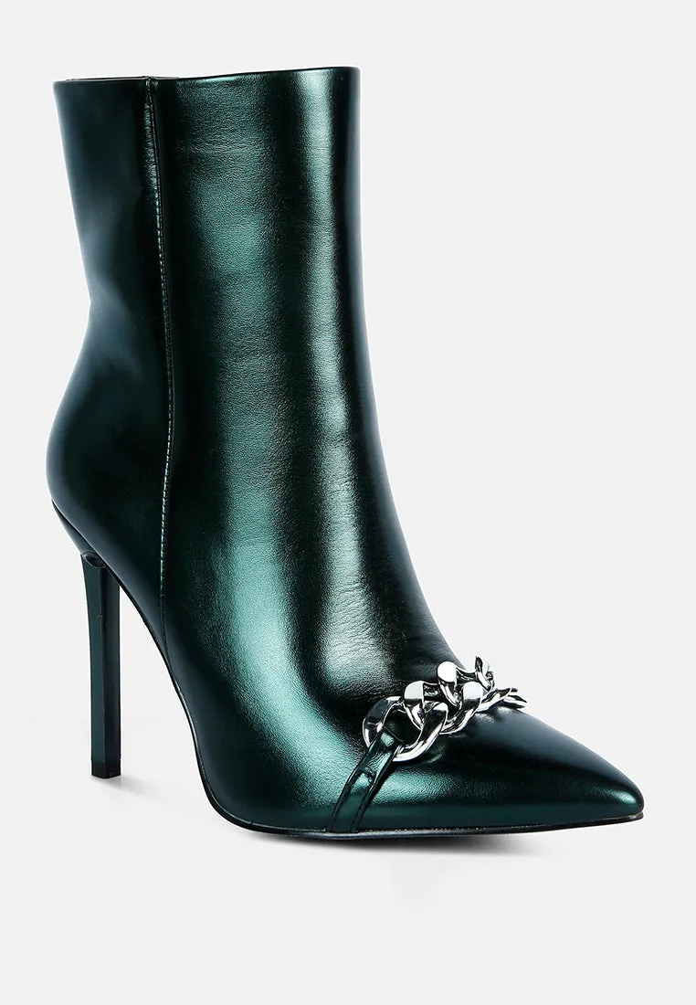 Firefly Metallic Chain Embellished Stiletto Ankle Boots By Ruw