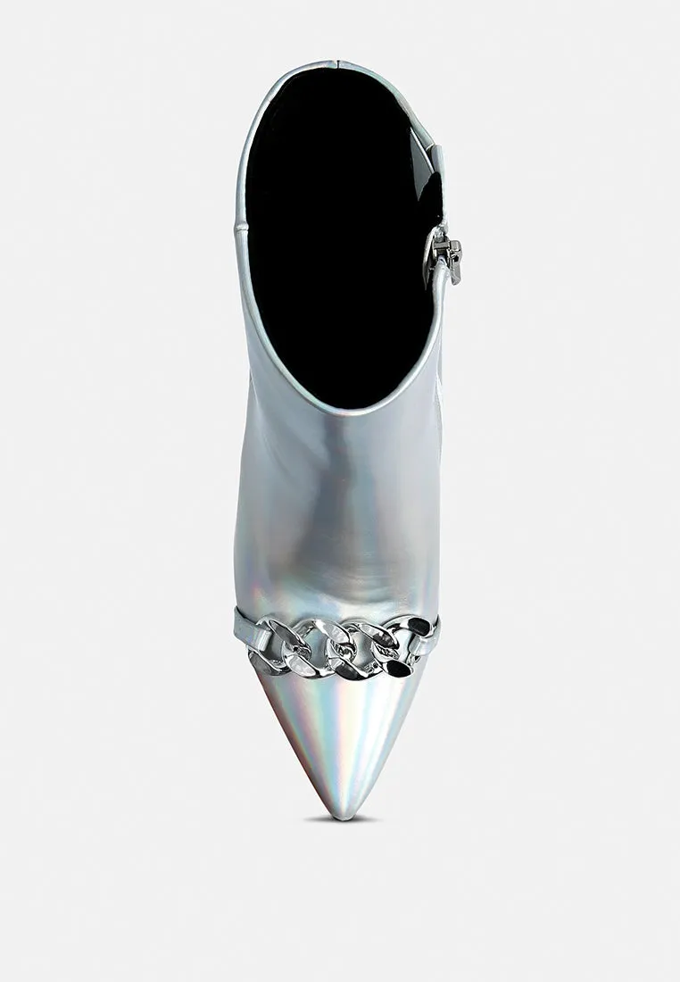 Firefly Metallic Chain Embellished Stiletto Ankle Boots By Ruw