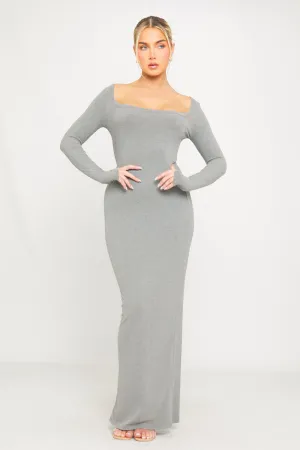 Grey Ribbed Knit Maxi Dress | Off-Shoulder Neckline | Sleek Minimalist Mood
