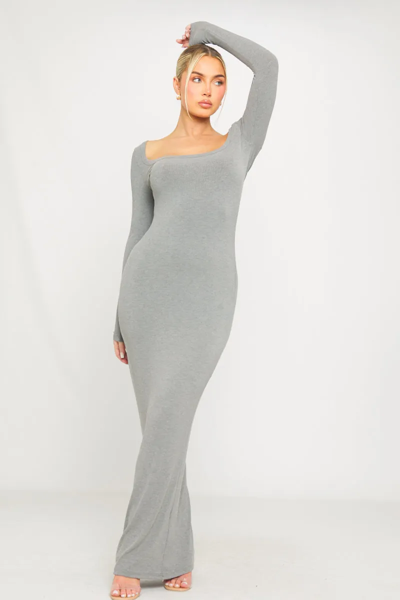 Grey Ribbed Knit Maxi Dress | Off-Shoulder Neckline | Sleek Minimalist Mood