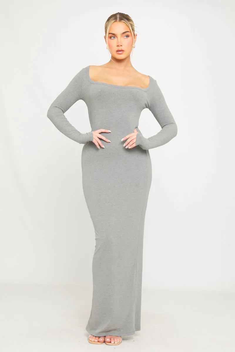 Grey Ribbed Knit Maxi Dress | Off-Shoulder Neckline | Sleek Minimalist Mood