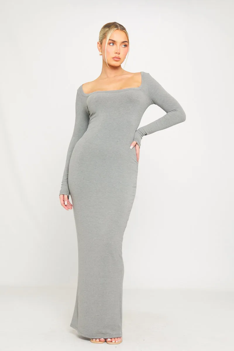 Grey Ribbed Knit Maxi Dress | Off-Shoulder Neckline | Sleek Minimalist Mood