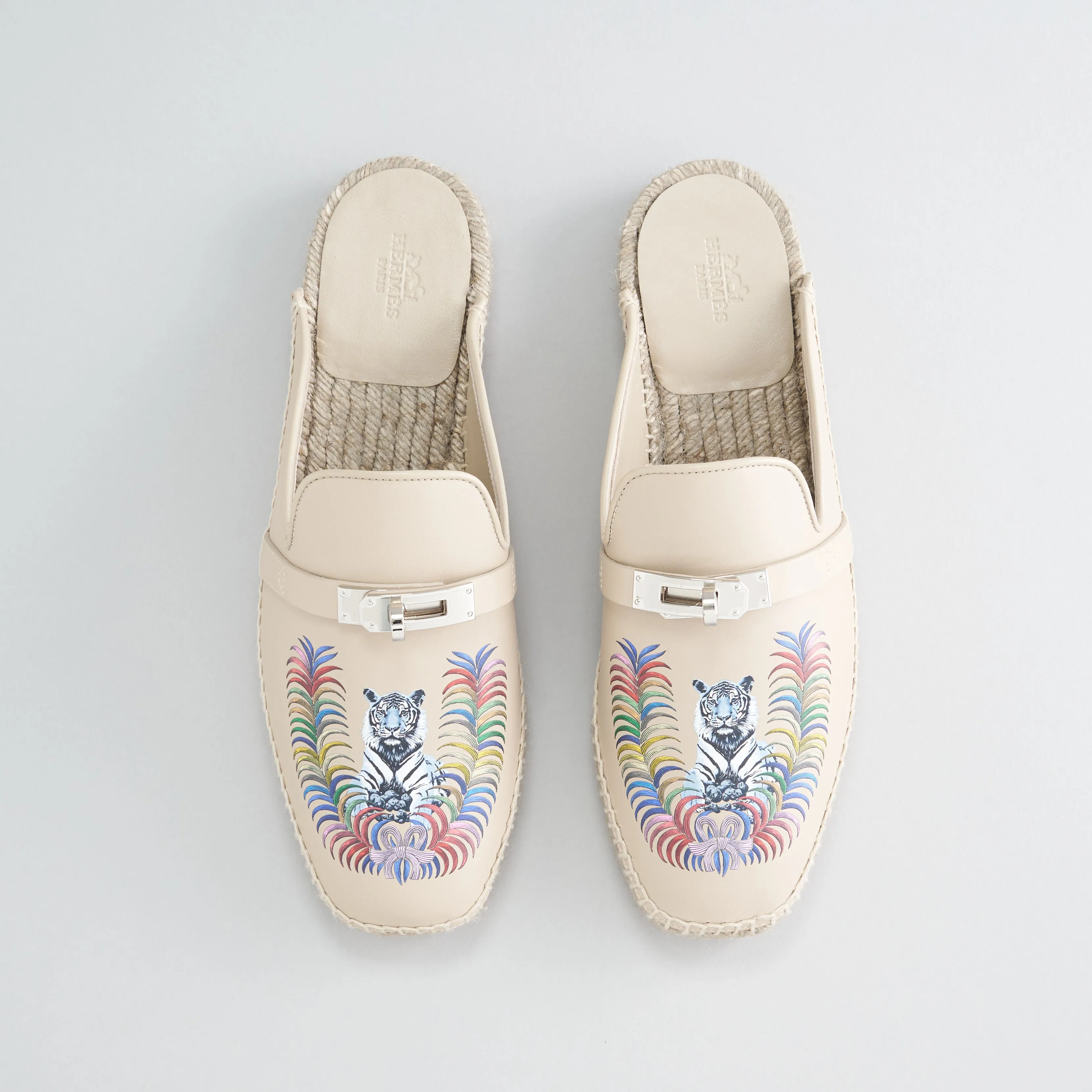 Hermès Feria Espadrille Gum White / Multicolor Royal Tiger Print Palladium Hardware