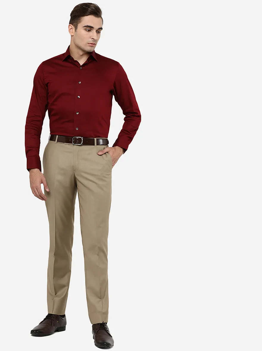 Khaki Solid Slim Fit Formal Trouser | Metal