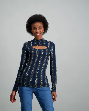 Ladies-Geo Drop Printed Cut Out Top Navy