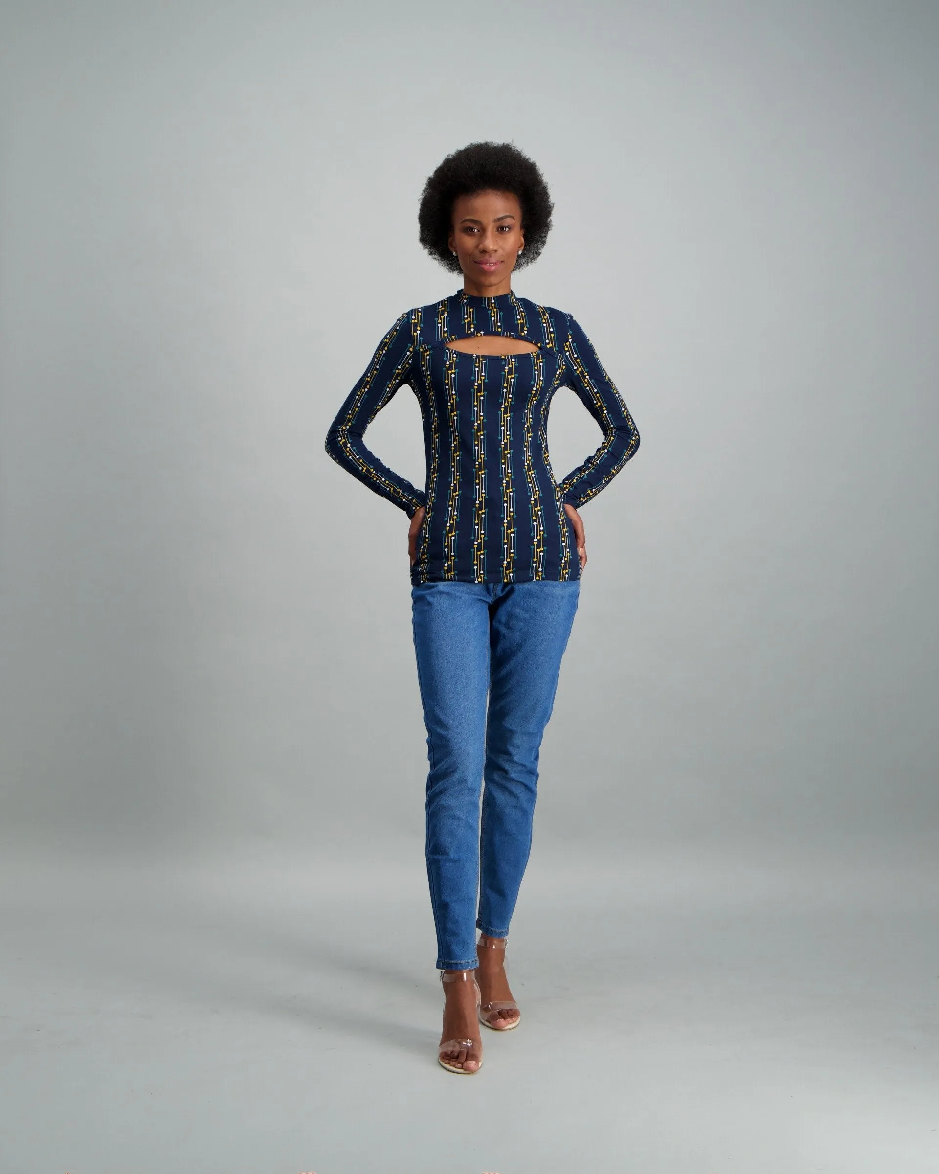 Ladies-Geo Drop Printed Cut Out Top Navy