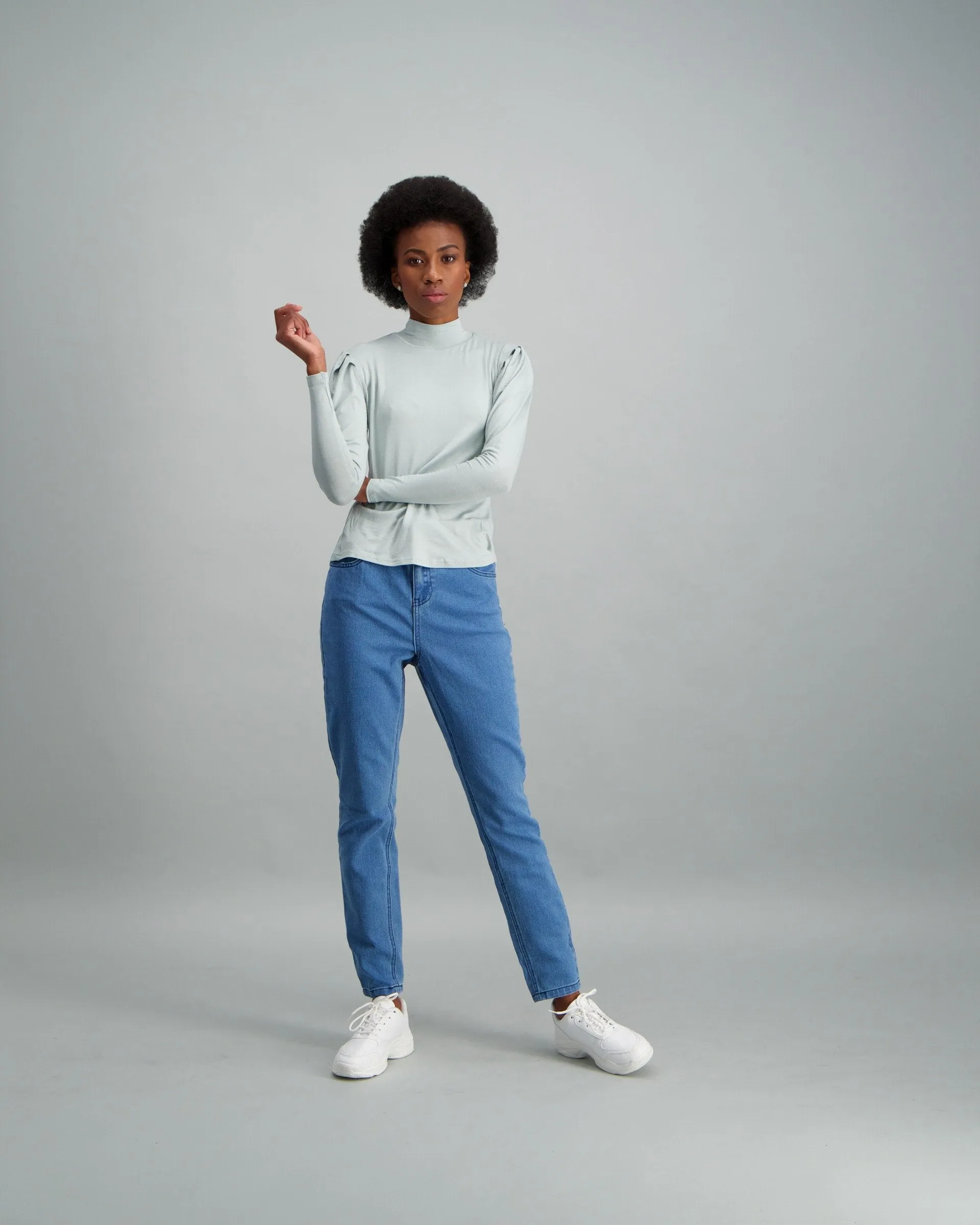 Ladies-Puff Sleeve Turtle Neck Top Light Blue