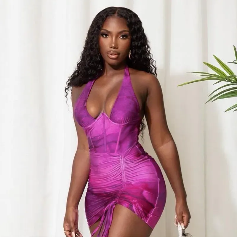 Lana Halter Ruched Marble Print Mini Bodycon Dress