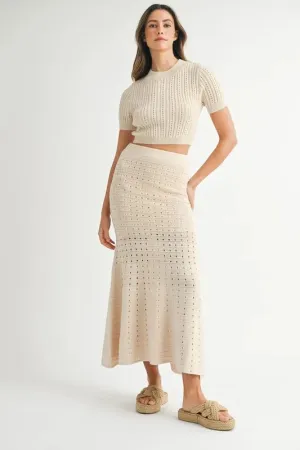 MABLE Pointelle Short Sleeve Crop Top and Slit Skirt Sweater Set