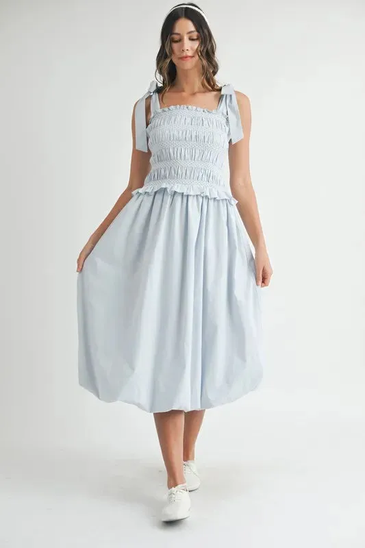 MABLE Smocked Bodice Bubble Midi Dress
