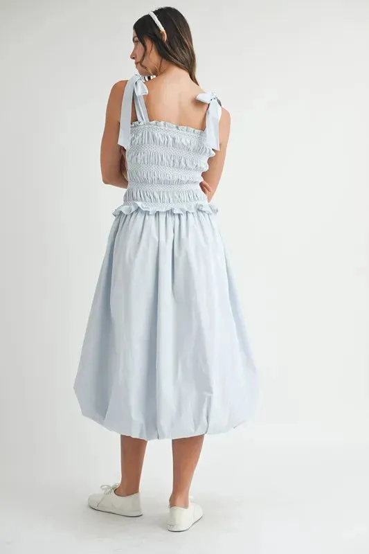 MABLE Smocked Bodice Bubble Midi Dress