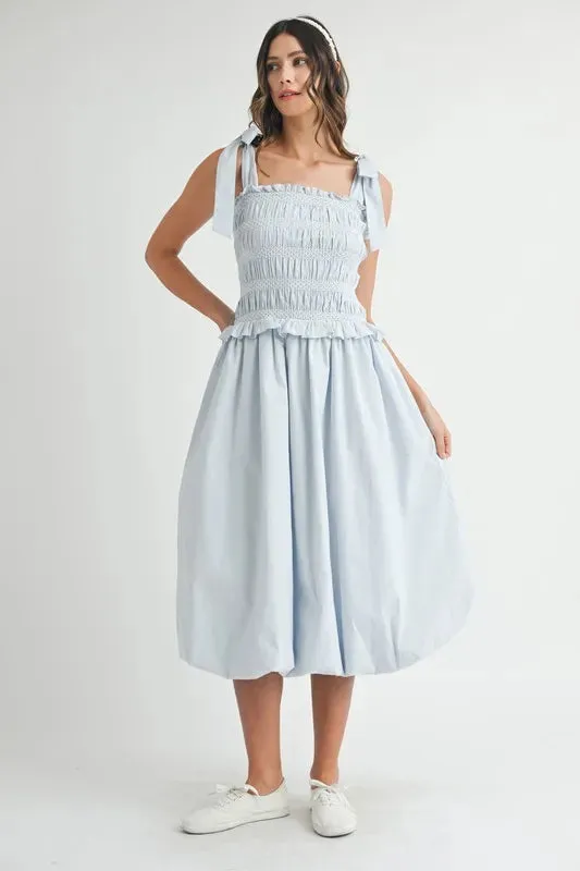 MABLE Smocked Bodice Bubble Midi Dress