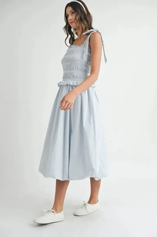 MABLE Smocked Bodice Bubble Midi Dress