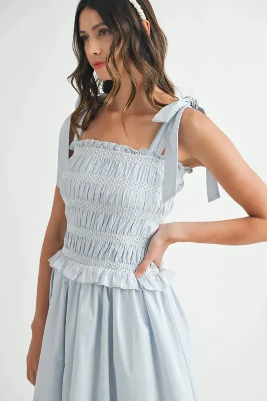 MABLE Smocked Bodice Bubble Midi Dress
