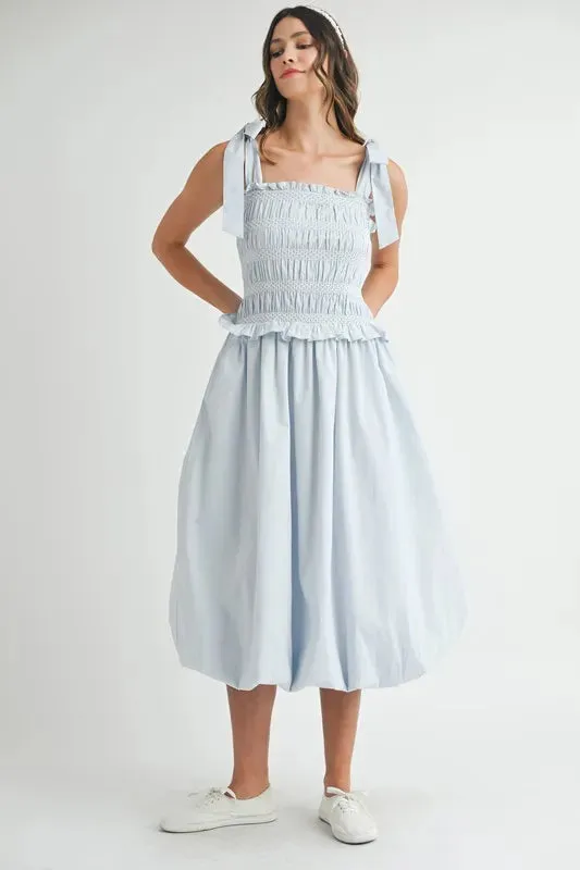 MABLE Smocked Bodice Bubble Midi Dress