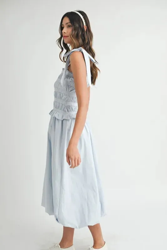 MABLE Smocked Bodice Bubble Midi Dress