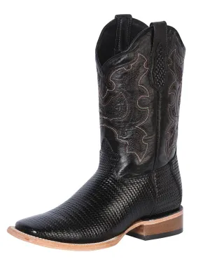 Men's Woven Print Leather Classic Western Cowboy Boots 'El General' Black Color 41790