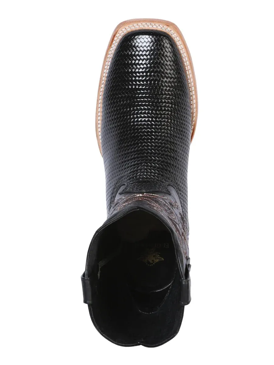 Men's Woven Print Leather Classic Western Cowboy Boots 'El General' Black Color 41790