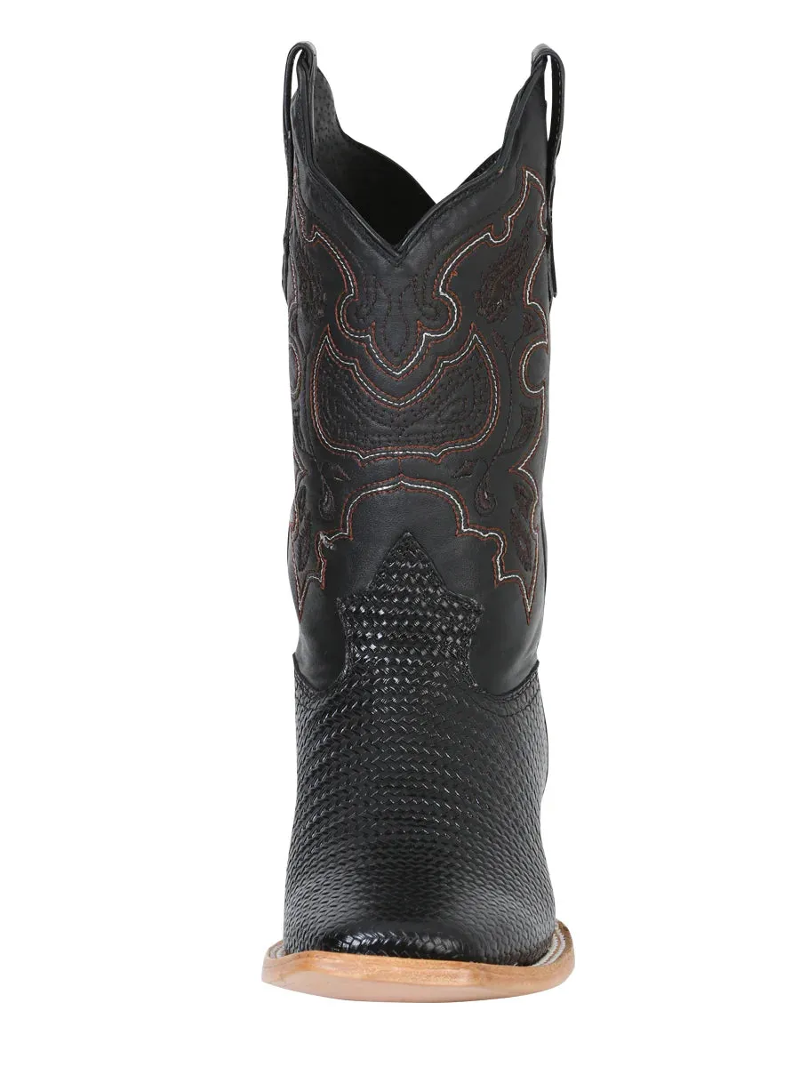 Men's Woven Print Leather Classic Western Cowboy Boots 'El General' Black Color 41790