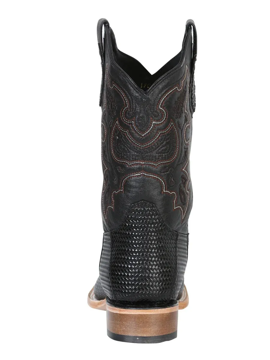 Men's Woven Print Leather Classic Western Cowboy Boots 'El General' Black Color 41790