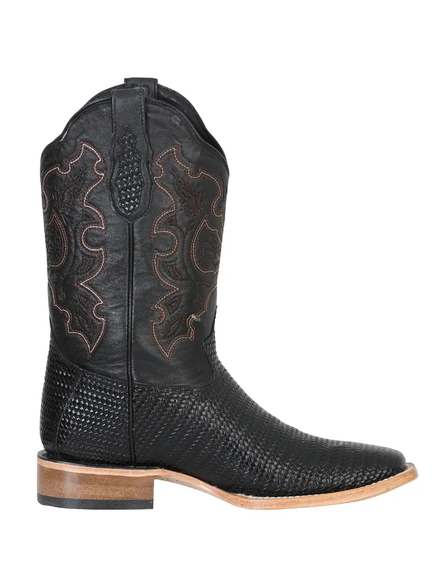 Men's Woven Print Leather Classic Western Cowboy Boots 'El General' Black Color 41790